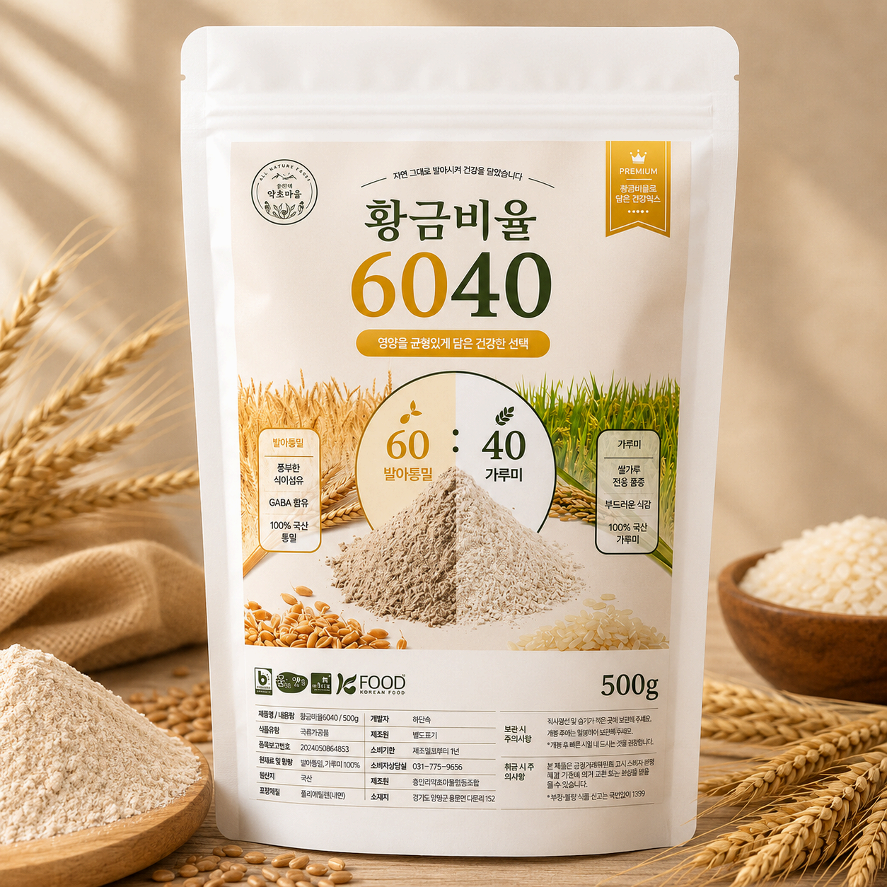 황금비율6040 발아통밀가루 500g 국산 우리밀 가루미 혼합 쌀가루